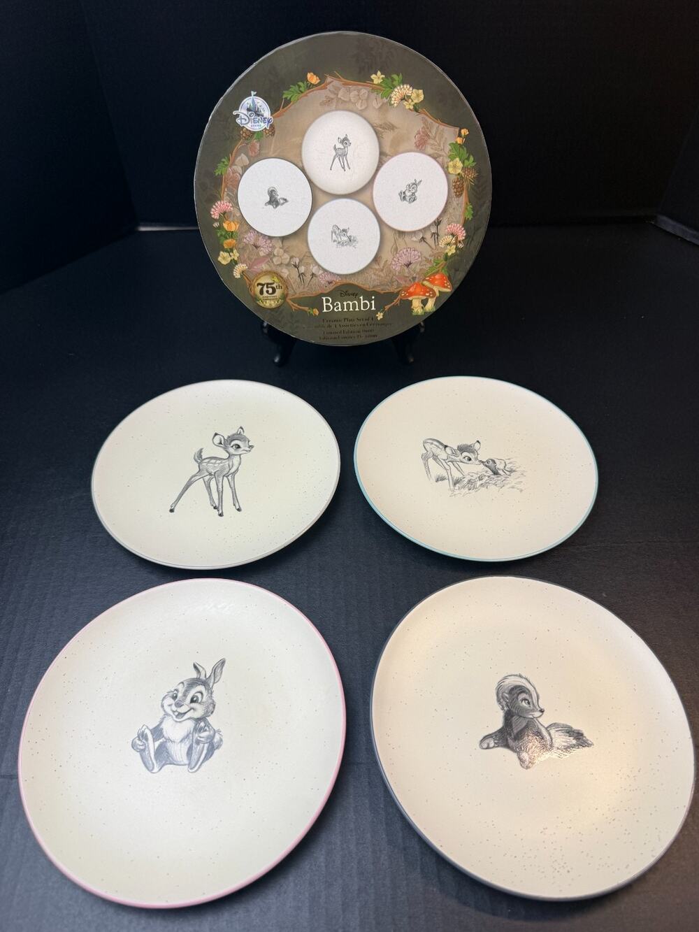 Bambi 75th Anniversary 4 Dessert Plate Set Disney Store Bambi Thumper Flower